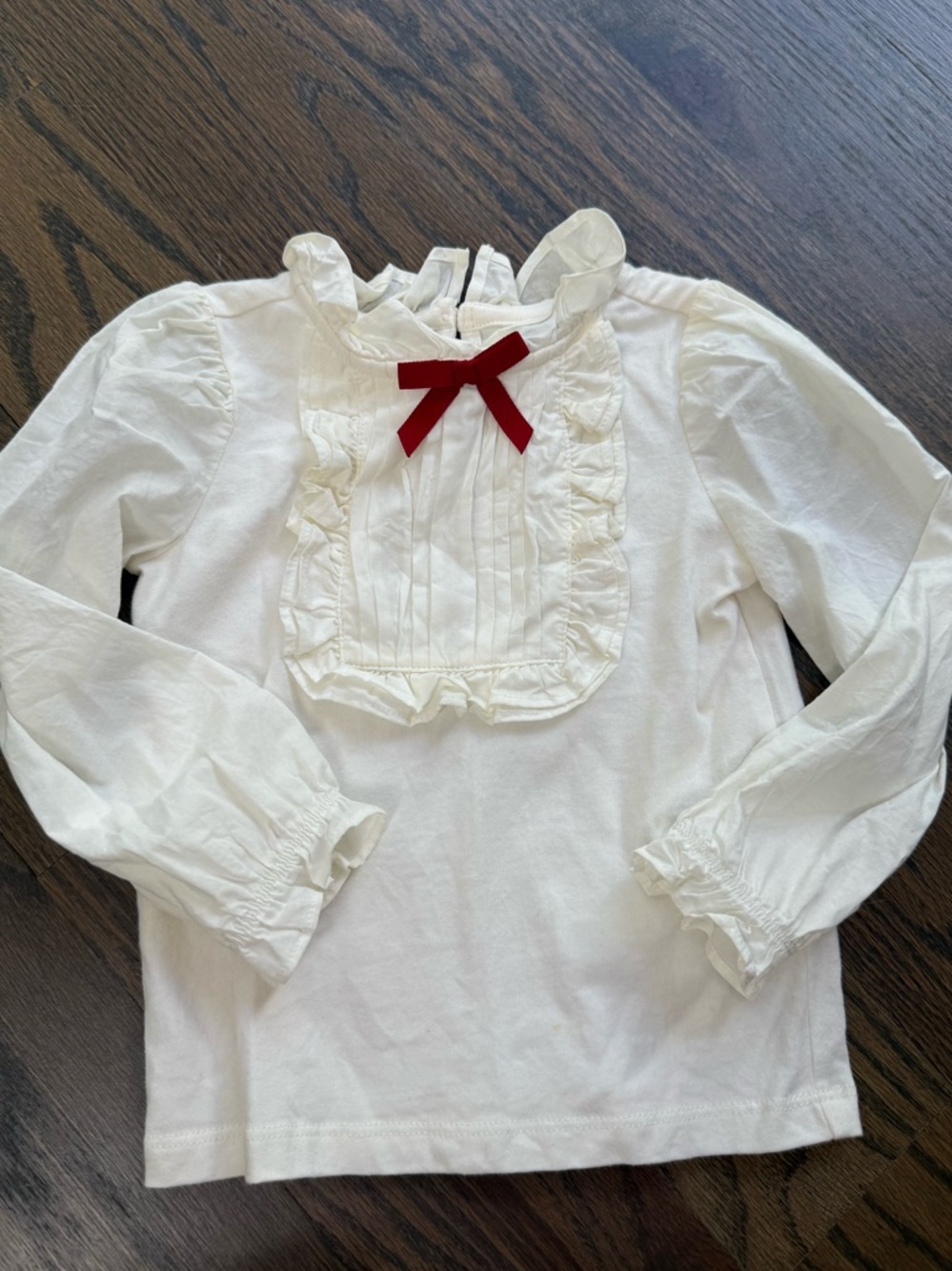 Janie and Jack Girls White Ruffle Front Long-Sleeve Top with Red Bow